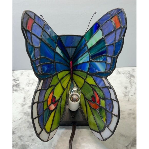 Tiffany Style Butterfly Accent Lamp Night Light Vintage Slag Glass Rose Base - Picture 10 of 16